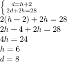 \left \{ {{d=h+2} \atop {2d+2h=28}} \right.\\2(h+2)+2h=28\\2h+4+2h=28\\4h=24\\h=6\\d=8