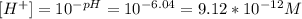 [H^+] = 10^{-pH} = 10^{-6.04} = 9.12*10^{-12}M