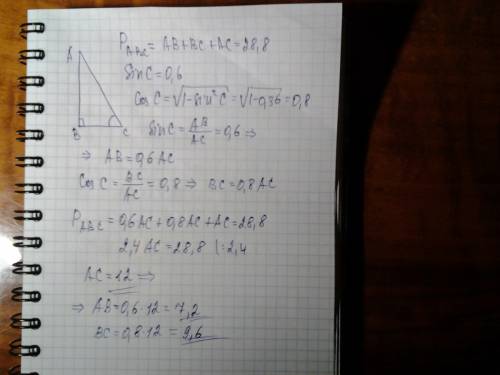 Периметр треугольника abc c прямым углом b равен 28,8, sin c равен 0,6. найдите длины сторон треугол