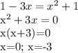 1-3x=x^2+1&#10;&#10;x^2+3x=0&#10;&#10;x(x+3)=0&#10;&#10;x=0; x=-3