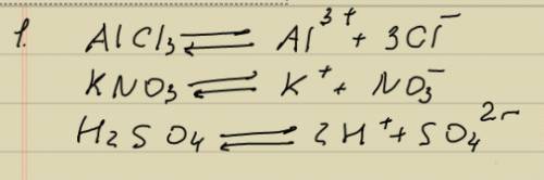 Нужно ! 1. написать уравнения диссоциации: alcl3, kno3, h2so4 2 .написать уравнения электролиза для