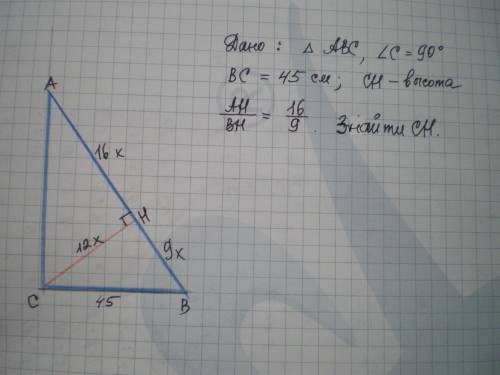 Впрямокутному трикутнику висота проведена до гіпотенузи, поділяє її на відрізки у відношені 16: 9. м