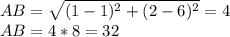 AB= \sqrt{(1-1)^2+(2-6)^2} = 4 \\ &#10; AB=4*8=32