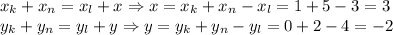 x_k+x_n = x_l+x\Rightarrow x=x_k+x_n - x_l=1+5-3=3&#10;\\\&#10;y_k+y_n = y_l+y\Rightarrow y=y_k+y_n - y_l=0+2-4=-2