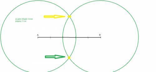 Построй отрезок ab равный 5 см. проведи две окружности с центрами в точках а и втак, чтобы а) они им