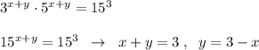 3^{x+y}\cdot 5^{x+y}=15^3\\\\15^{x+y}=15^3\; \; \to \; \; x+y=3\; ,\; \; y=3-x