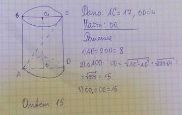 Найдите высоту цилиндра, диагональ осевого сечения и радиус основания которго равны соответсвенно 17