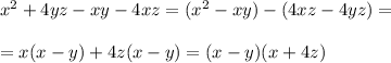 x^2+4yz-xy-4xz=(x^2-xy)-(4xz-4yz)=\\\\=x(x-y)+4z(x-y)=(x-y)(x+4z)