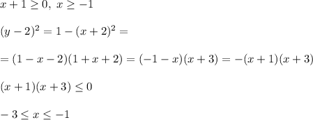 x + 1 \geq 0, \ x \geq -1\\\\&#10;(y - 2)^2 = 1 - (x + 2)^2 =\\\\= (1 - x - 2)(1 + x + 2) = (-1 - x)(x + 3) = - (x + 1)(x + 3)\\\\&#10;(x + 1)(x + 3) \leq 0\\\\&#10;-3 \leq x \leq -1