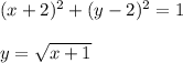 (x + 2)^2 + (y - 2)^2 = 1\\\\&#10;y = \sqrt{x + 1}