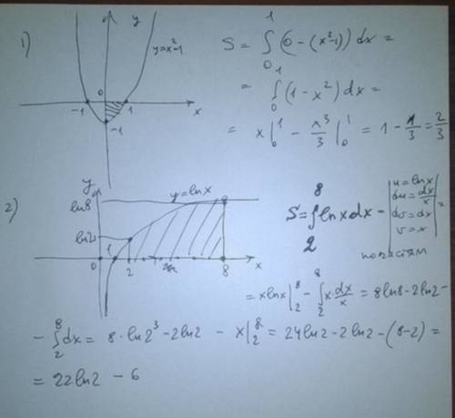 1. вычислить площадь ограниченную линиями. а) y=x^2-1, y=0, x=0, x=1 б) y=lnx, y=0, x=2, x=8 !