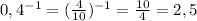 0,4^{-1} =( \frac{4}{10})^{-1} = \frac{10}{4} =2,5