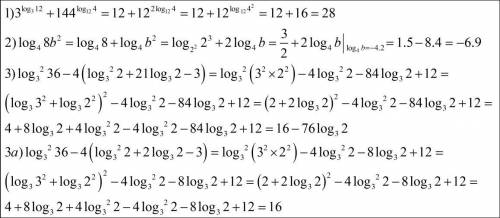 Хелп ! тест скоро закроется 1) 3^log(3)12+144^log(12)4 2) log(4)8b^2, если log(4)b = -4,2 3) log^2(3