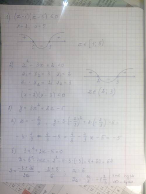 1. найдите все целые решения неравенства (x-1)(x-5)< =0. 2. решите неравенство : x^2-3x+2< 0.