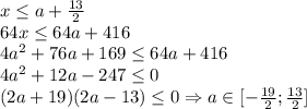 x\leq a+\frac{13}{2}\\64x\leq 64a+416\\4a^2+76a+169\leq 64a+416\\4a^2+12a-247\leq 0\\(2a+19)(2a-13)\leq 0\Rightarrow a\in [-\frac{19}{2};\frac{13}{2}]