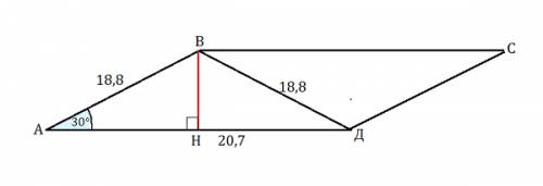 Впараллелограмме диагональ bd=18,8см и она равна стороне ав, а а = 300. найдите площадь параллелогра