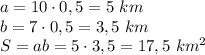 a=10\cdot0,5=5\ km\\b=7\cdot0,5=3,5\ km\\S=ab=5\cdot3,5=17,5\ km^2