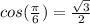 cos( \frac{ \pi }{6} )= \frac{ \sqrt{3} }{2}