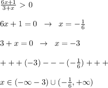 \frac{6x+1}{3+x} \ \textgreater \ 0\\\\6x+1=0\; \; \to \;\; x=-\frac{1}{6}\\\\3+x=0\; \; \to \; \; x=-3\\\\+++(-3)---(-\frac{1}{6})+++\\\\x\in (-\infty -3)\cup (-\frac{1}{6},+\infty )