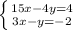 \left \{ {{15x-4y=4} \atop {3x-y=-2}} \right.