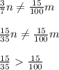 \\ \frac{3}{7} n \neq \frac{15}{100}m \\ &#10;\\ \frac{15}{35}n \neq \frac{15}{100}m \\ &#10;\\ \frac{15}{35}\ \textgreater \ \frac{15}{100}