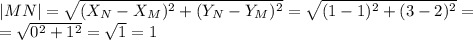 |MN| = \sqrt{(X_{N}- X_M)^2+(Y_N-Y_M)^2}=\sqrt{(1- 1)^2+(3-2)^2} = \\ =\sqrt{0^2+1^2}= \sqrt{1}=1