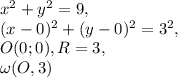 x^2+y^2=9, \\ (x-0)^2+(y-0)^2=3^2, \\ O(0;0), R=3, \\ \omega(O,3)