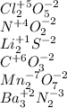 Cl_{2} ^{+5} O_{5} ^{-2} \\ N^{+4} O_{2}^{-2} \\ Li_{2}^{+1}S^{-2} \\ C^{+6}O_{3}^{-2} \\ Mn_{2}^{-7}O_{7}^{-2} \\ Ba_{3}^{+2}N_{2}^{-3}