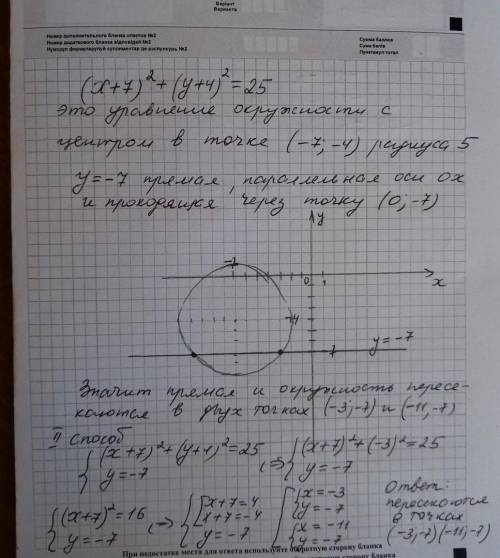 Выяснить взаимное расположение окружности, заданной уравнением (x+7)/2+(y+4)/2=25 и прямой y=-7.