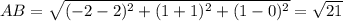 AB= \sqrt{(-2-2)^2+(1+1)^2+(1-0)^2}= \sqrt{21}