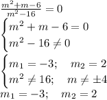 \frac{m^2+m-6}{m^2-16}=0\\&#10;\begin {cases} &#10;m^2+m-6=0\\&#10;m^2-16\neq0&#10;\end{cases}\\&#10;\\&#10;\begin {cases} &#10;m_1=-3; \ \ \ m_2=2\\&#10;m^2\neq16; \ \ \ m\neq\pm4&#10;\end{cases}\\&#10;m_1=-3; \ \ \ m_2=2