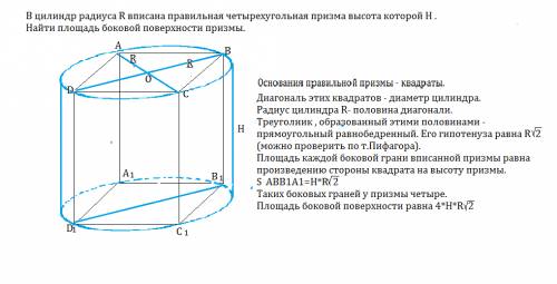 Вцилиндр радиуса r вписана правильная четырехугольная призма высота которой h . найти площадь боково