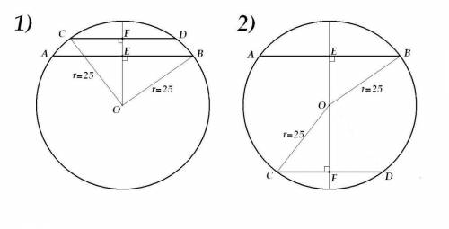 Вокружности радиус которой равен 25 см проведены 2 параллельные хорды. длины которых 40 и 30см. найд
