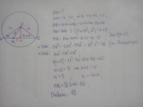 Вокружности с радиусом 11 проведена хорда ab. если точка m, отстоящая от центра окружности на 10,дел