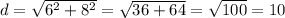 d= \sqrt{6^2+8^2}=\sqrt{36+64}= \sqrt{100}=10