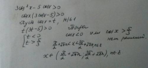 Не могу решить. 3cos^2 x - 5cos x > 0