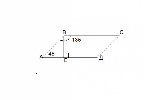 :в параллелограмме abcd с углом b,равным 135°,высота be разбила сторонуad на отрезки ae=3 см и ed=4