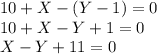 10 + X - (Y - 1) = 0 \\ &#10;10 + X - Y + 1 = 0 \\ &#10;X - Y + 11 = 0 \\