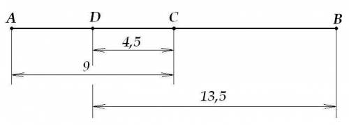 Точка с - середина отрезка ав, точка d - середина отрезка ас, вd=13.5 см. найдите длину отрезка ас.