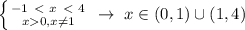 \left \{ {{-1\ \textless \ x\ \textless \ 4} \atop {x 0,x\ne 1}} \right. \; \to \; x\in ( 0,1)\cup (1,4)