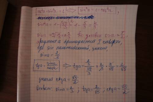 Sin a,tg a,ctg a если cos a= корень из 5 деленный на 3; 0> a> пи деленный на 2