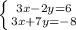 \left \{ {{3x-2y=6} \atop {3x+7y=-8}} \right.