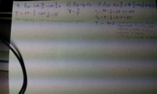 Найдите наименьший положительный период функций: 1) f(x)=cos 3x/2; 2) f(x)=tg5x 3) f(x)=sin x/5 + tg