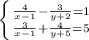 \left \{ {{ \frac{4}{x-1} - \frac{3}{y+2}=1} \atop {\frac{3}{x-1} + \frac{4}{y+5} =5}} \right.