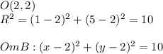 O(2,2)\\&#10;R^2=(1-2)^2+(5-2)^2=10&#10;\\\\ OmB: (x-2)^2+(y-2)^2=10