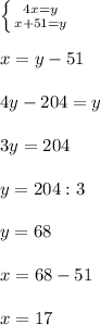 \left \{ {{4x = y} \atop {x + 51 =y}} \right. \\ \\ x = y -51 \\ \\ 4y -204 = y \\ \\ 3y = 204 \\ \\ y = 204 : 3 \\ \\ y = 68 \\ \\ x = 68 - 51 \\ \\ x = 17