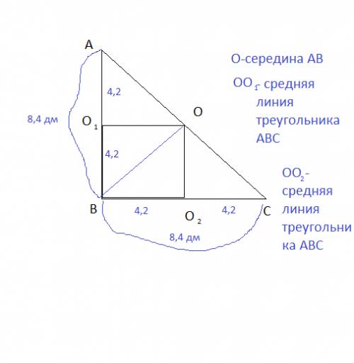 Abc-равнобедренный прямоугольный треугольник с высотой bo и катетом рывным 8,4 дм. в треугольнике ab