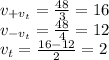 v_{+v_t}=\frac{48}{3}=16\\&#10;v_{-v_t}=\frac{48}{4}=12\\&#10;v_t=\frac{16-12}{2}=2