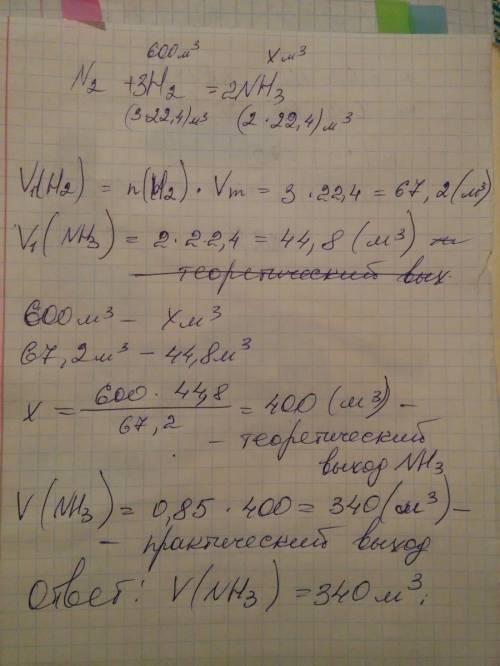 Який об’єм аміаку можна добути із 600 м3 водню, якщо практичний вихід його становить 85%.