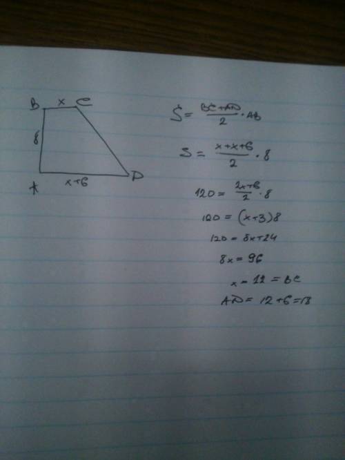 Площадь прямоугольной трапеции равна 120 см^2, а её высота равна 8 см. найдите длины всех сторон тра